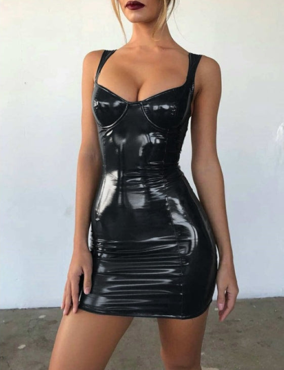 Shiny Leather Halter Backless Dress