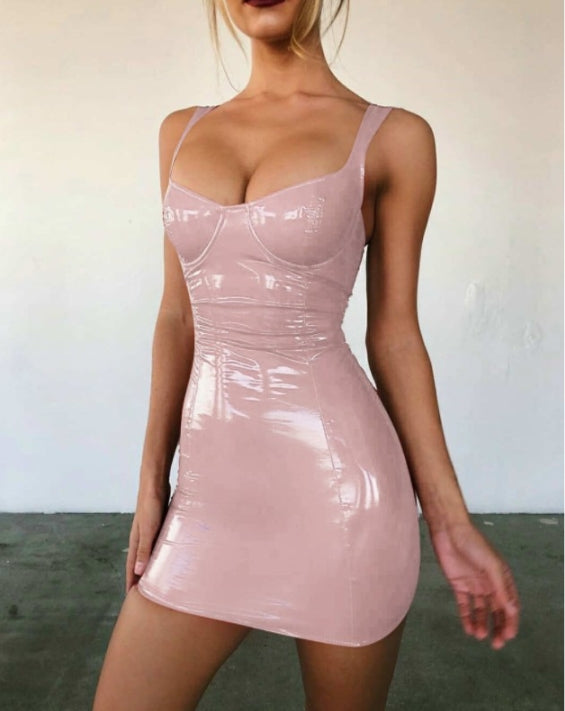 Shiny Leather Halter Backless Dress