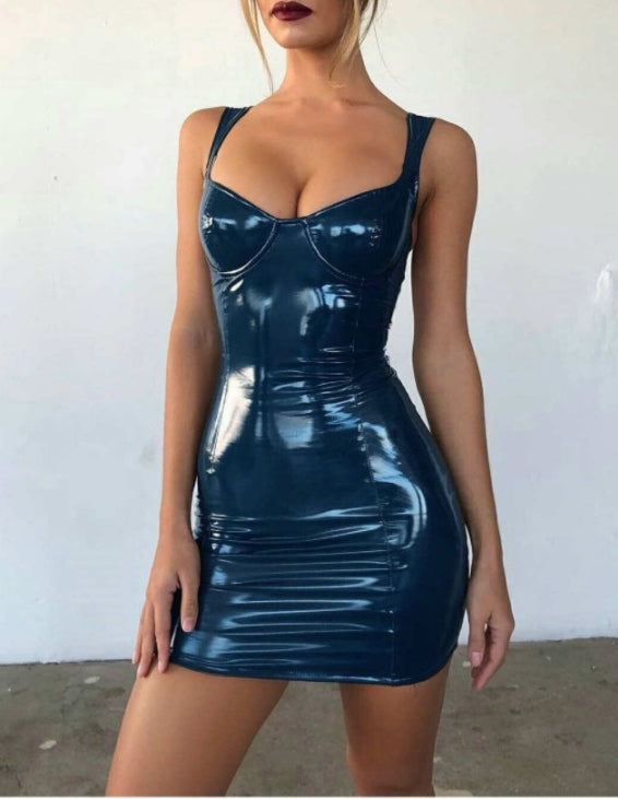 Shiny Leather Halter Backless Dress