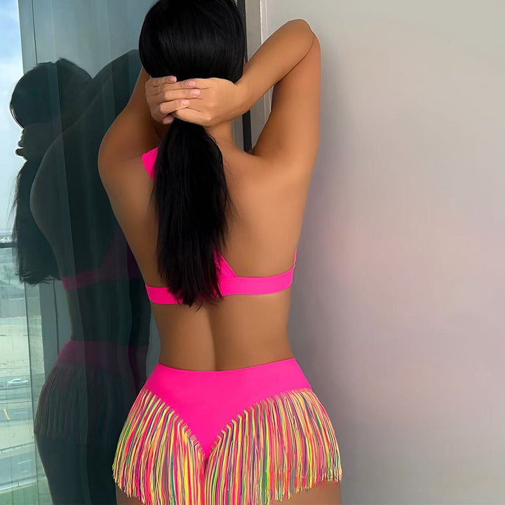 Solid color one-shoulder tassel swimsuit