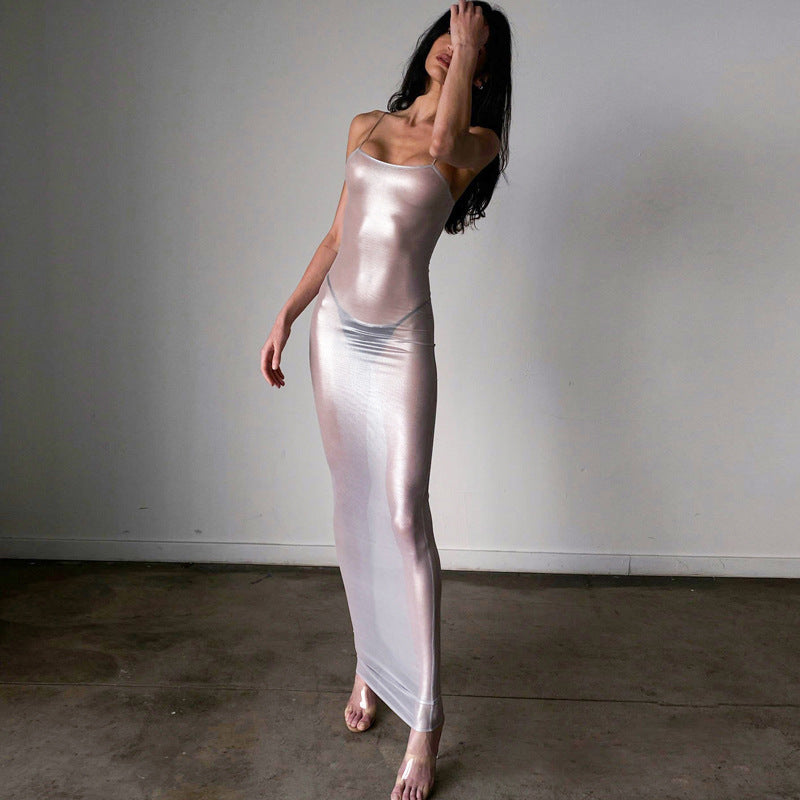 Silver-stamped sleeveless halter dress