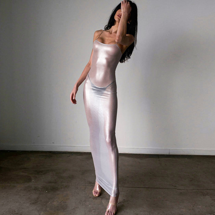 Silver-stamped sleeveless halter dress