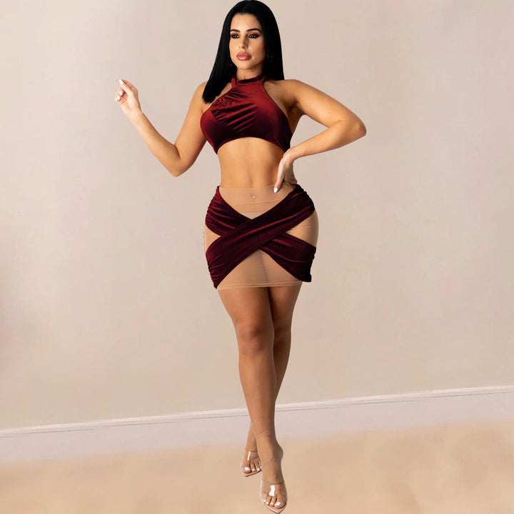 Patchwork mesh navel-gazing two-piece set