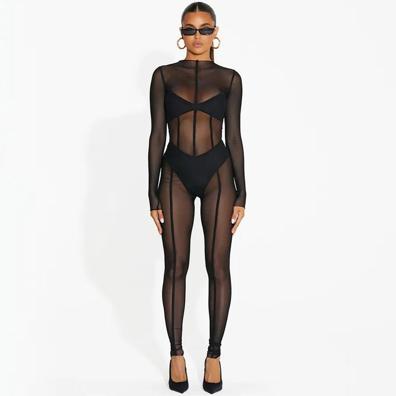 Mesh tight long sleeve jumpsuit