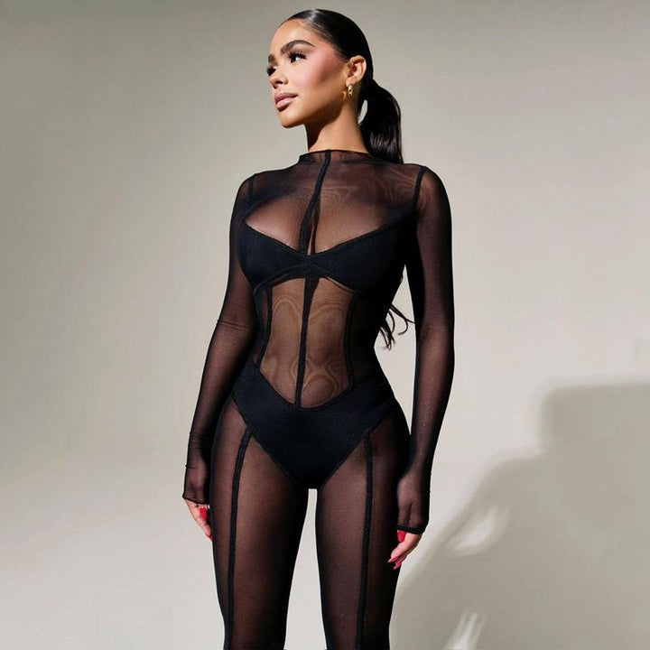 Mesh tight long sleeve jumpsuit