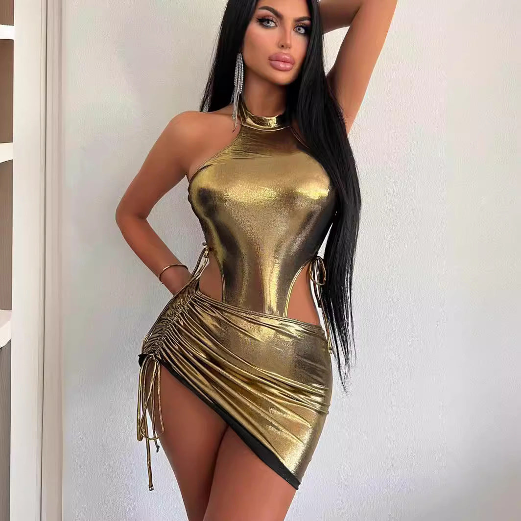Metallic color drawstring one-piece dress