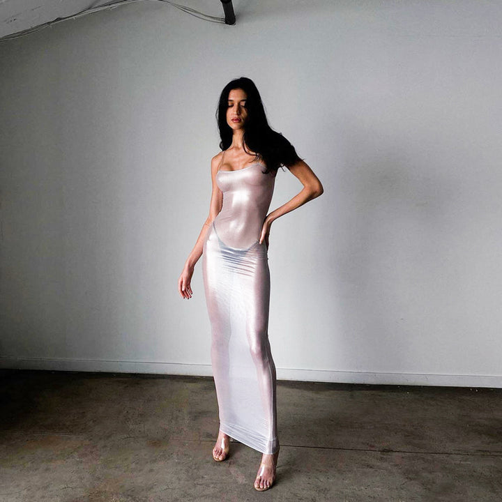 Silver-stamped sleeveless halter dress