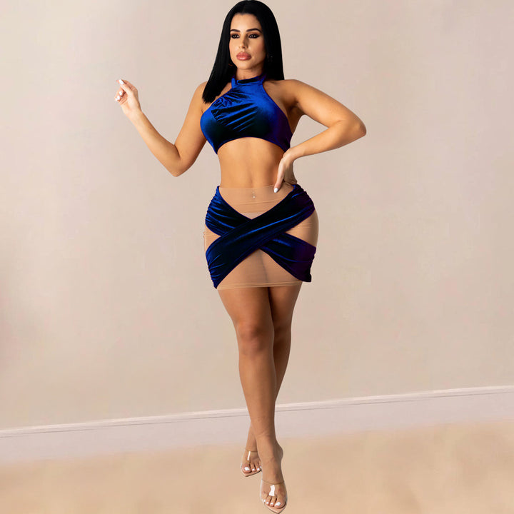 Patchwork mesh navel-gazing two-piece set