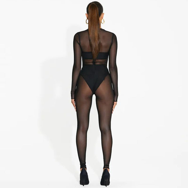 Mesh tight long sleeve jumpsuit
