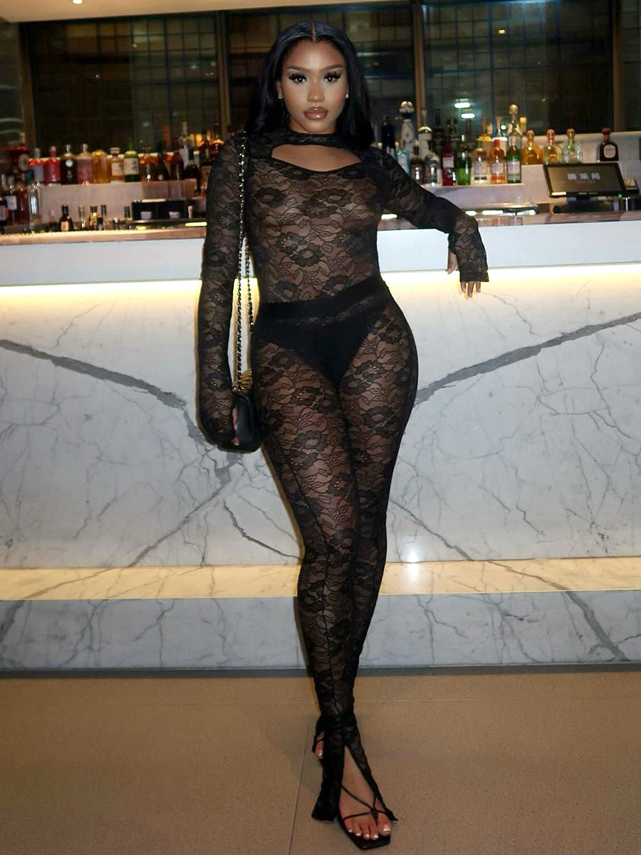 Lace Cutout Long Sleeve Bodysuit Split Pants