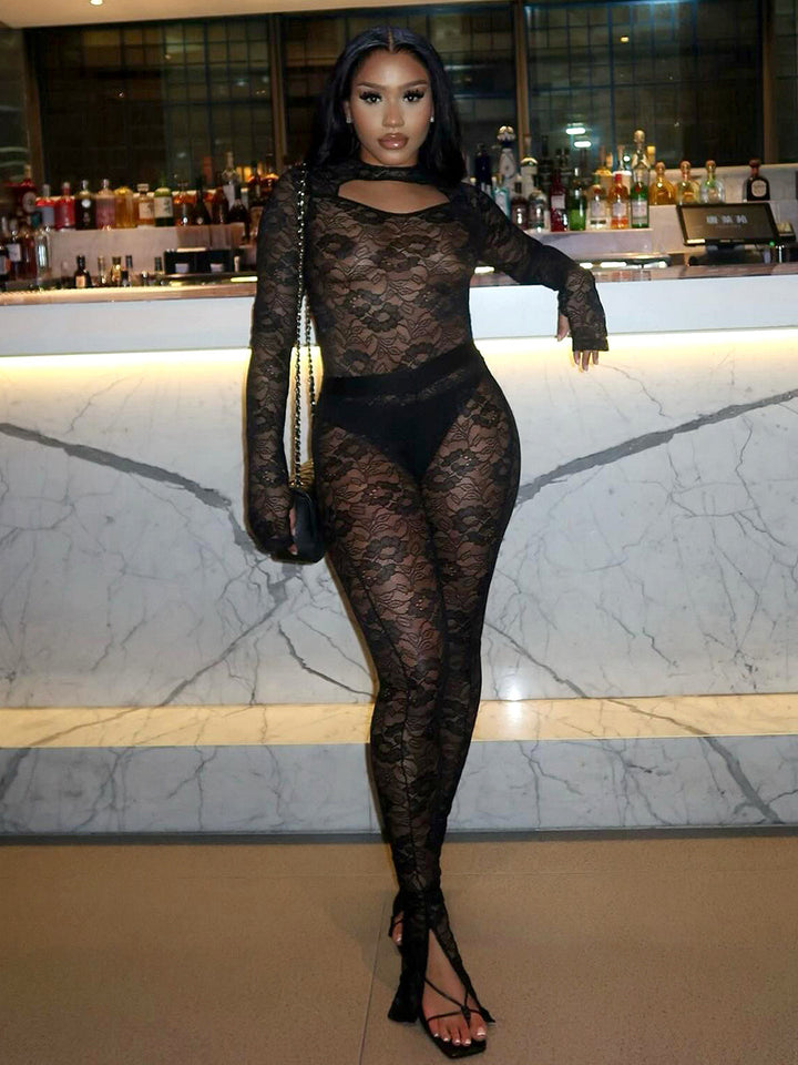 Lace Cutout Long Sleeve Bodysuit Split Pants