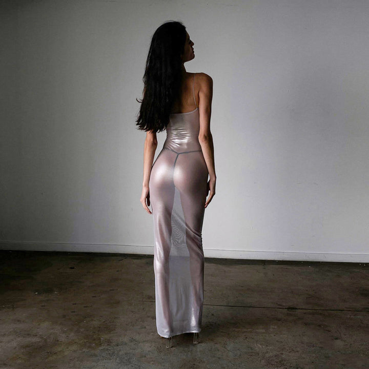Silver-stamped sleeveless halter dress