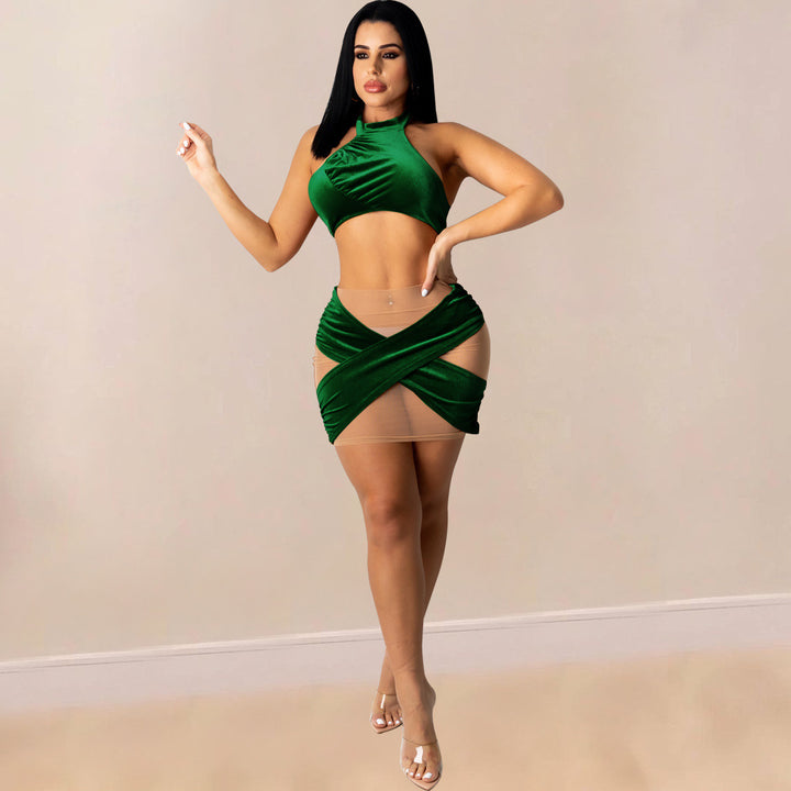 Patchwork mesh navel-gazing two-piece set