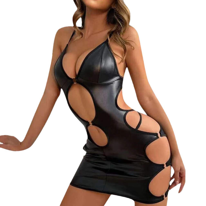 Sexy patent leather hollow suspender tight skirt