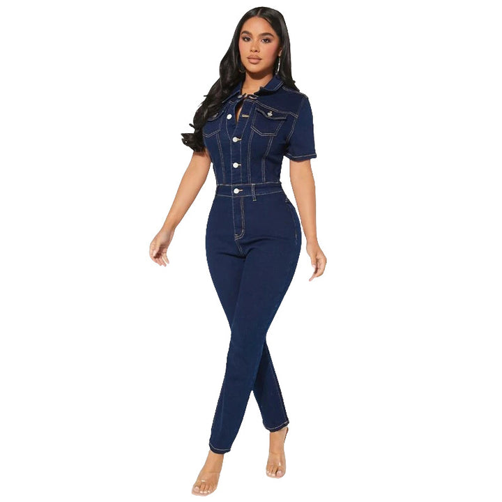 Button Front Denim Jumpsuit