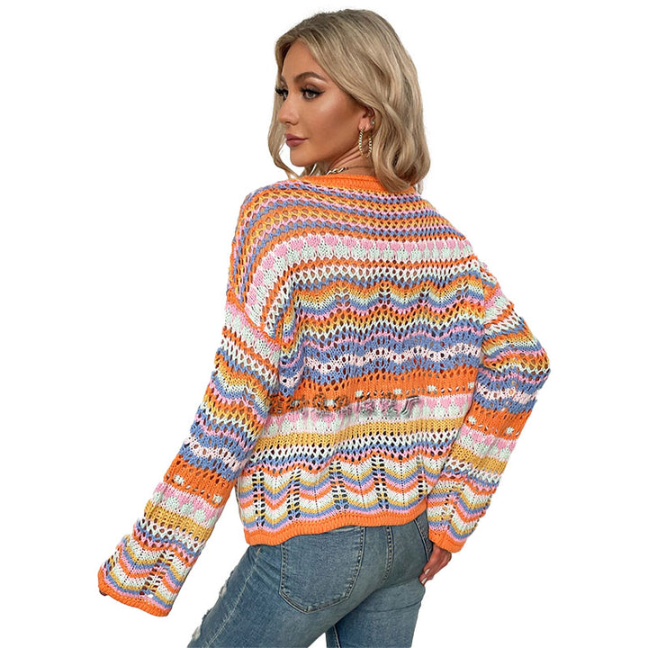 Colorful Striped Crochet Knit Sweater