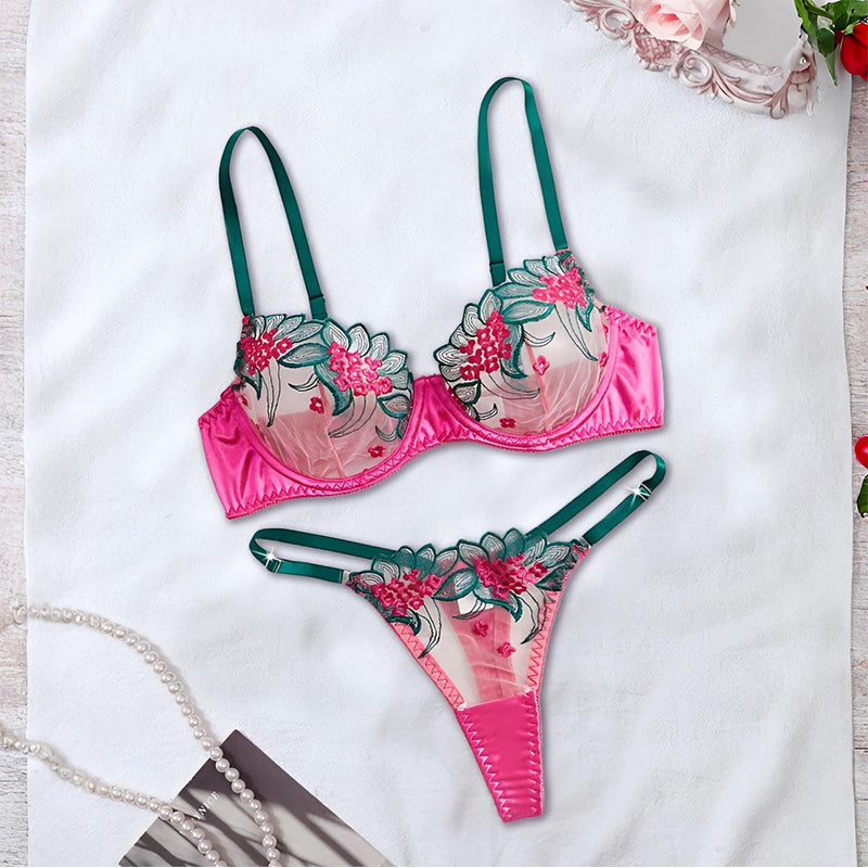 Embroidered Lace Bra & Thong Set