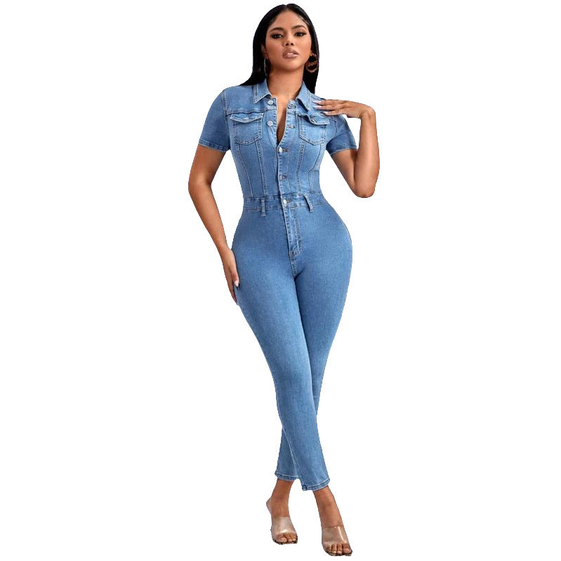Button Front Denim Jumpsuit