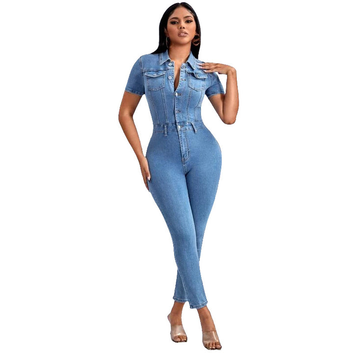 Button Front Denim Jumpsuit