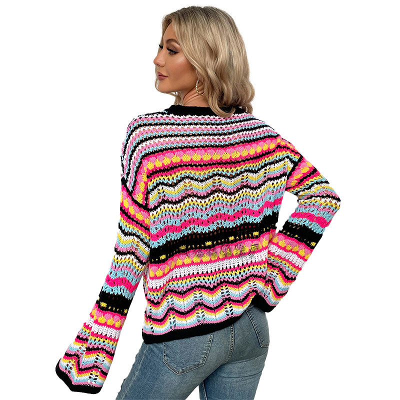 Colorful Striped Crochet Knit Sweater