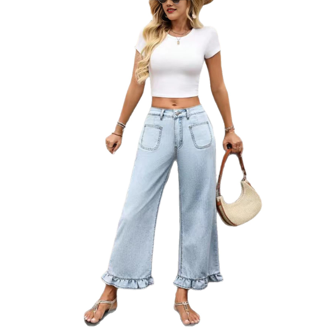 Ruffle Hem Wide Leg Jeans