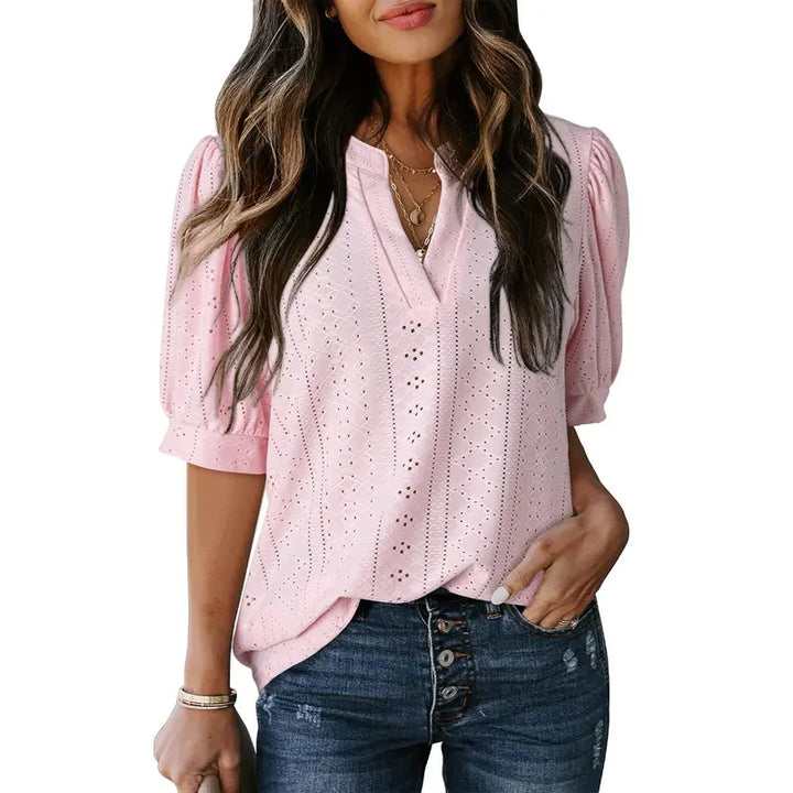 Eyelet V Neck Casual Blouse