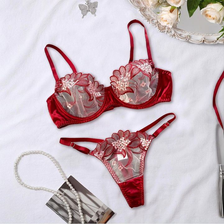 Embroidered Lace Bra & Thong Set