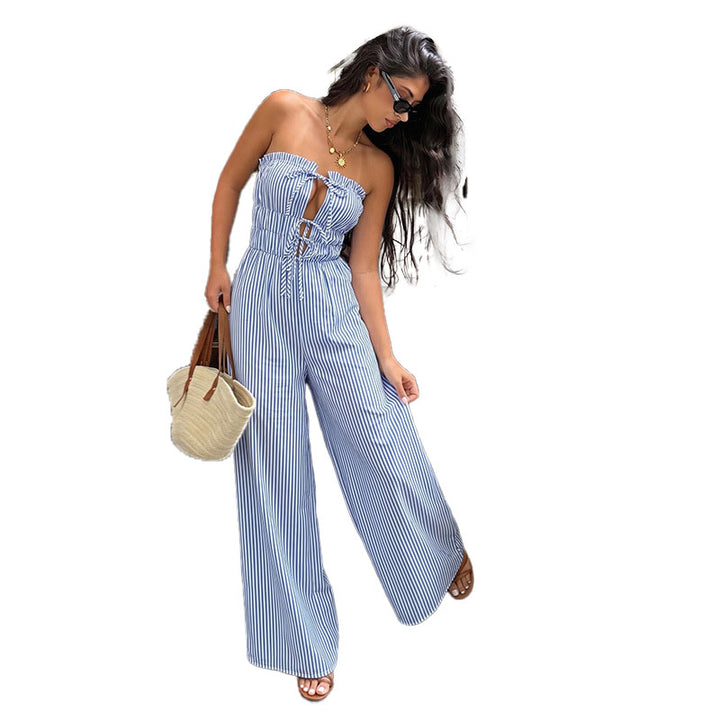 Striped Tie Front Wide Leg Jumpsuit