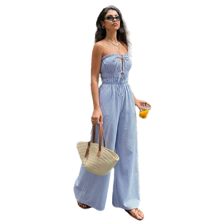 Striped Tie Front Wide Leg Jumpsuit