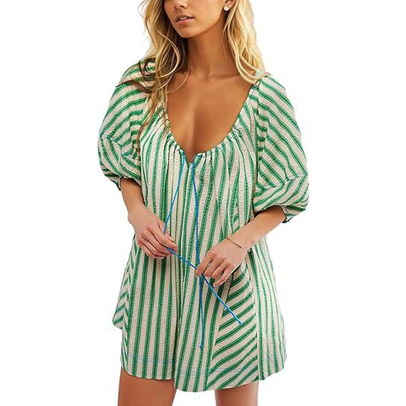 Boho Striped Tie Front Mini Dress