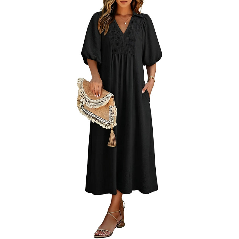 Smocked V Neck Maxi Dress