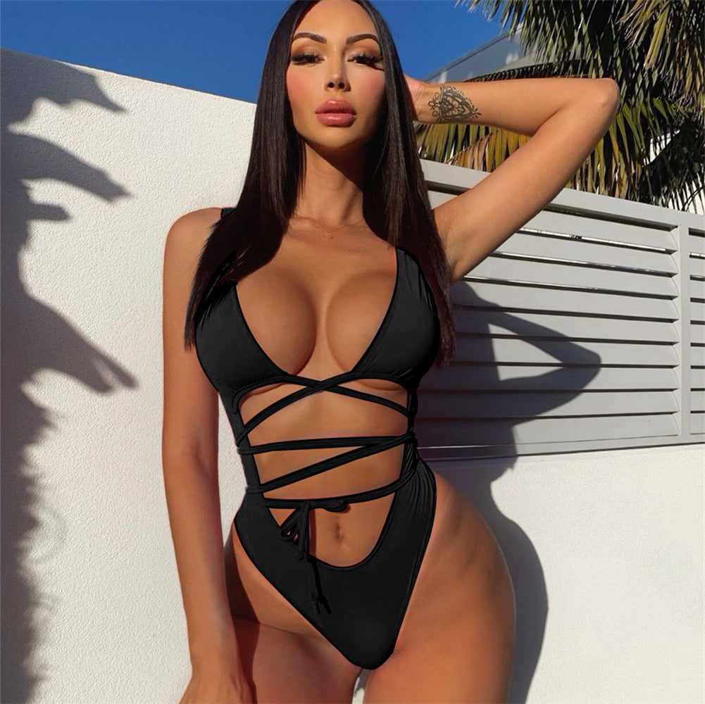 One-piece high-waisted strappy swimsuit