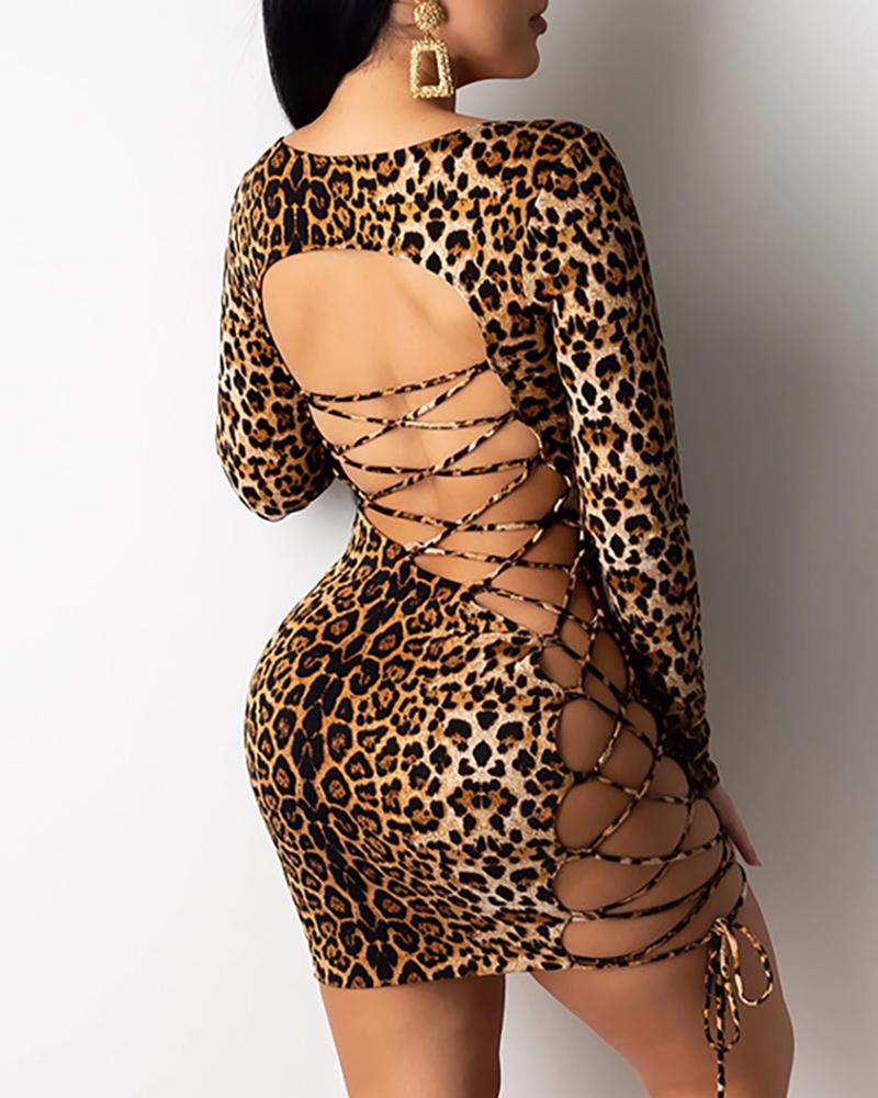 Leopard Print Backless Mini Bodycon Dress – Lace-Up Slim Fit Night Out Dress
