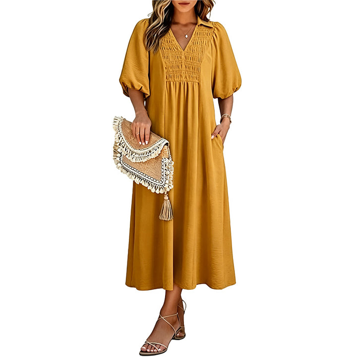 Smocked V Neck Maxi Dress