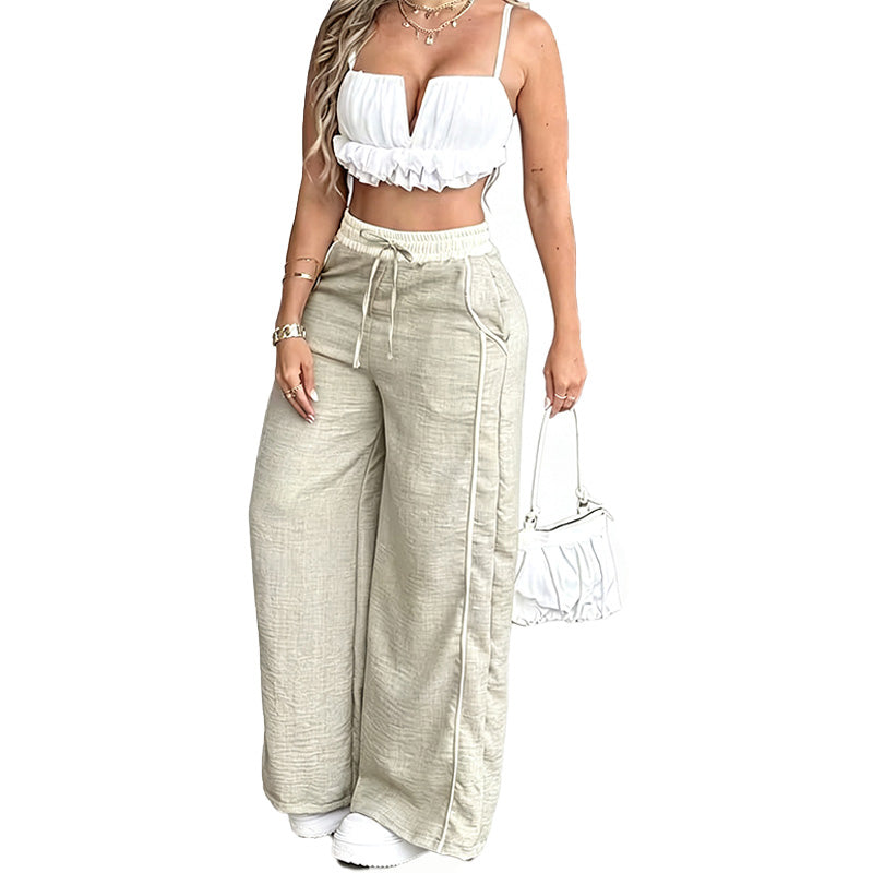Contrast Trim Wide Leg Pants