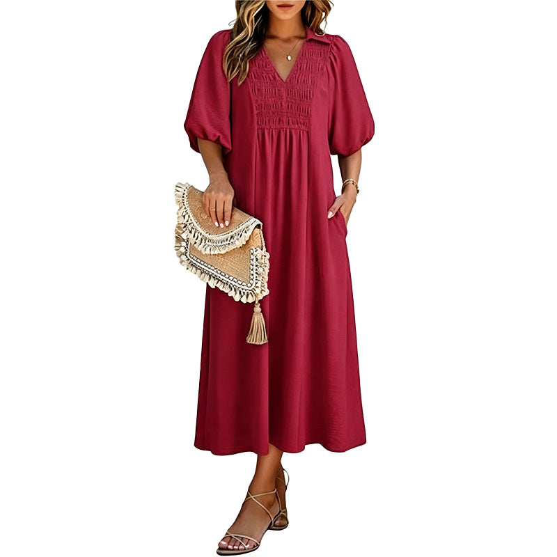 Smocked V Neck Maxi Dress