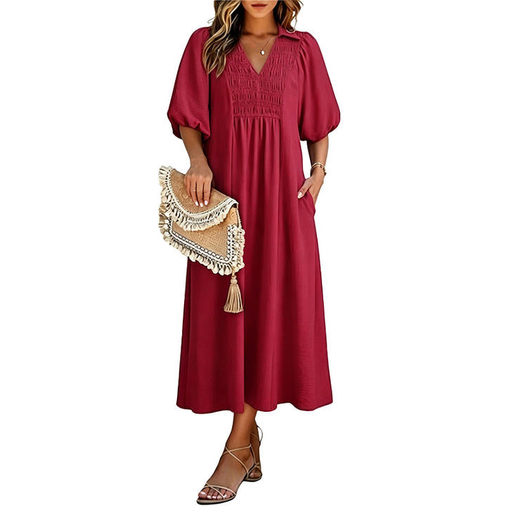 Smocked V Neck Maxi Dress