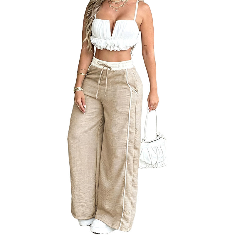 Contrast Trim Wide Leg Pants