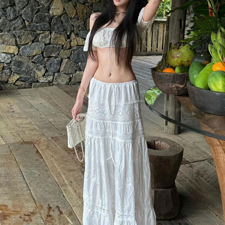 Bohemian style embroidered off-shoulder two-piece set