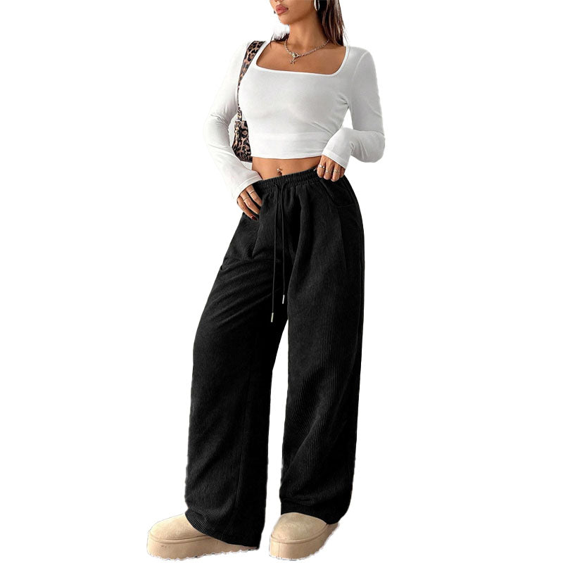 Drawstring Corduroy Wide Leg Pants
