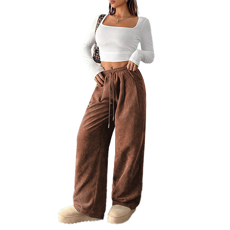 Drawstring Corduroy Wide Leg Pants