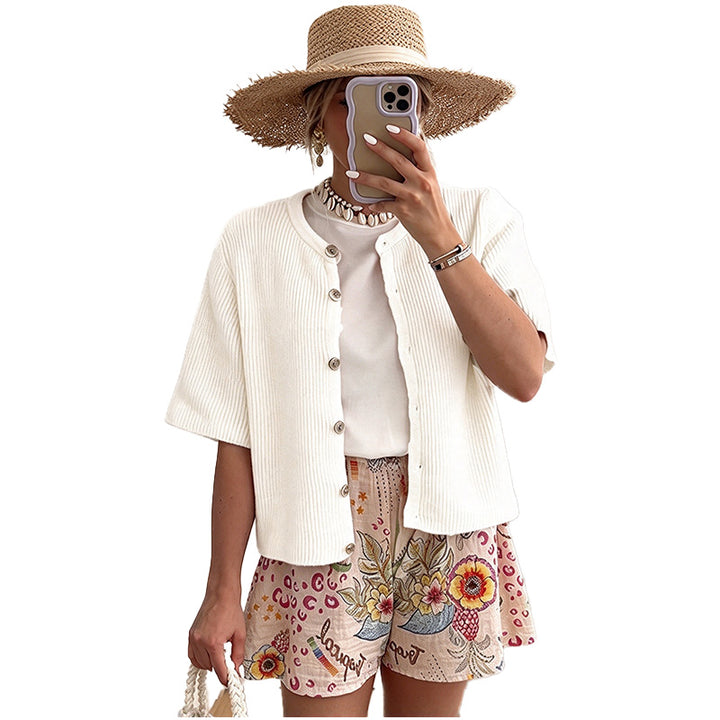 Textured Short Sleeve Button Cardigan