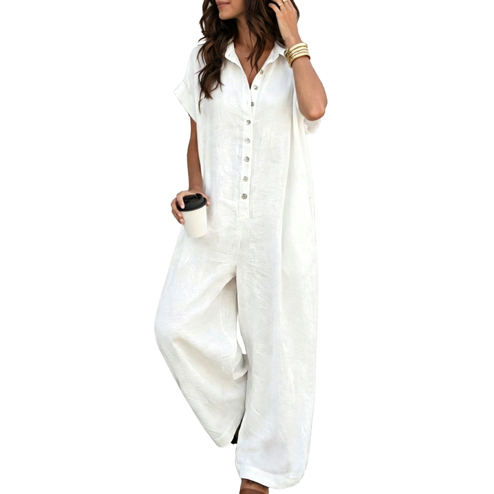 Relaxed Button Front Wide Leg Jumpsuit A
