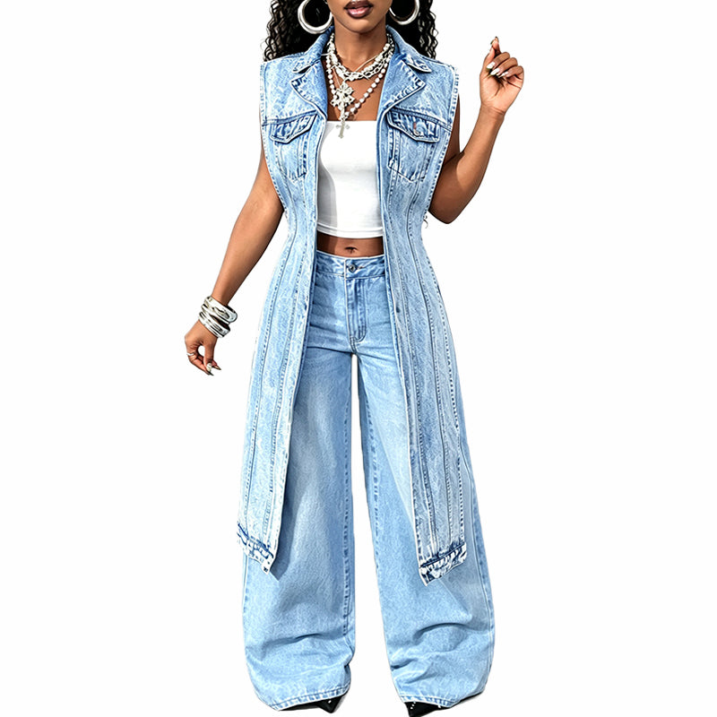 Longline Denim Vest & Wide Leg Pants Set