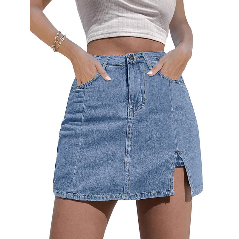 High-Waisted Denim Slit Skirt