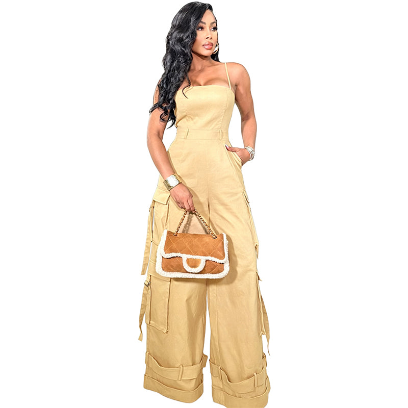 Strapless Wide Leg Cargo Jumpsuit