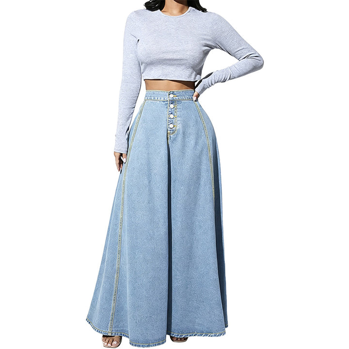 High Waist Button Front Denim Maxi Skirt
