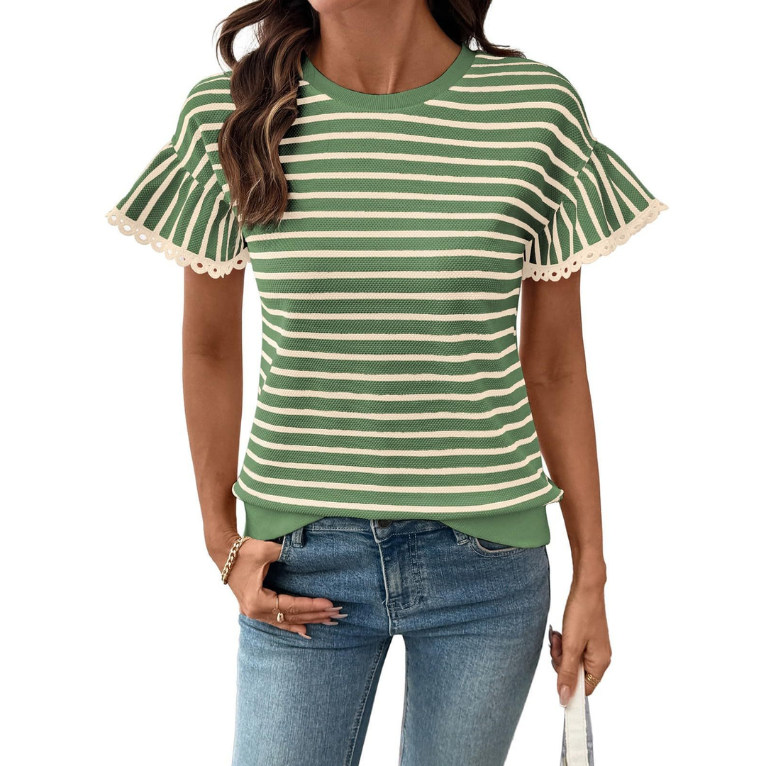 Striped Lace Trim Short Sleeve Top