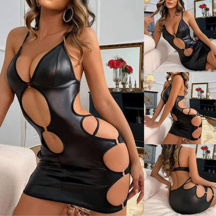 Sexy patent leather hollow suspender tight skirt