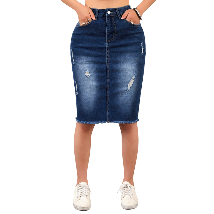 Slim-Fit Distressed Denim Skirt
